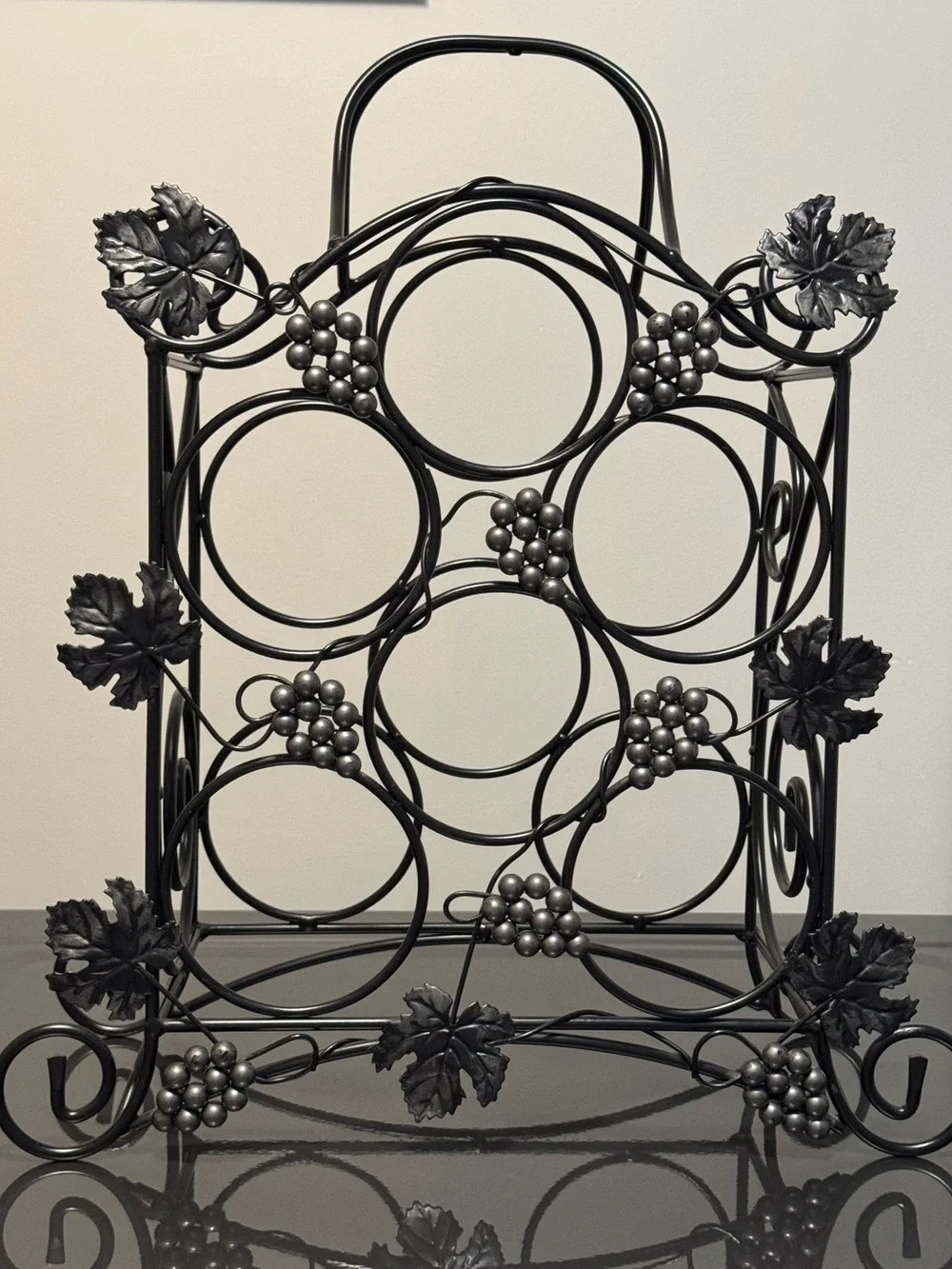Black Metal Vintage Wine Rack with Silver Grape Accents